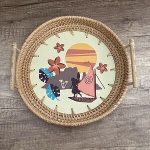 Disney Moana Rattan Tray Serving Basket Etched Handles Tropical Sunset